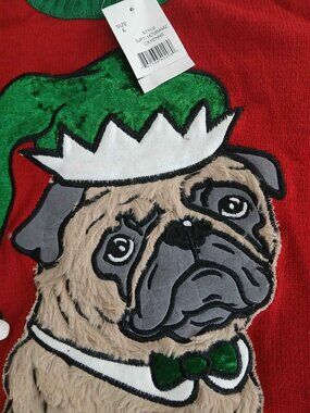 The Ugly Sweater Company Womens Fluffy Pug Christmas Sweater Large NWT